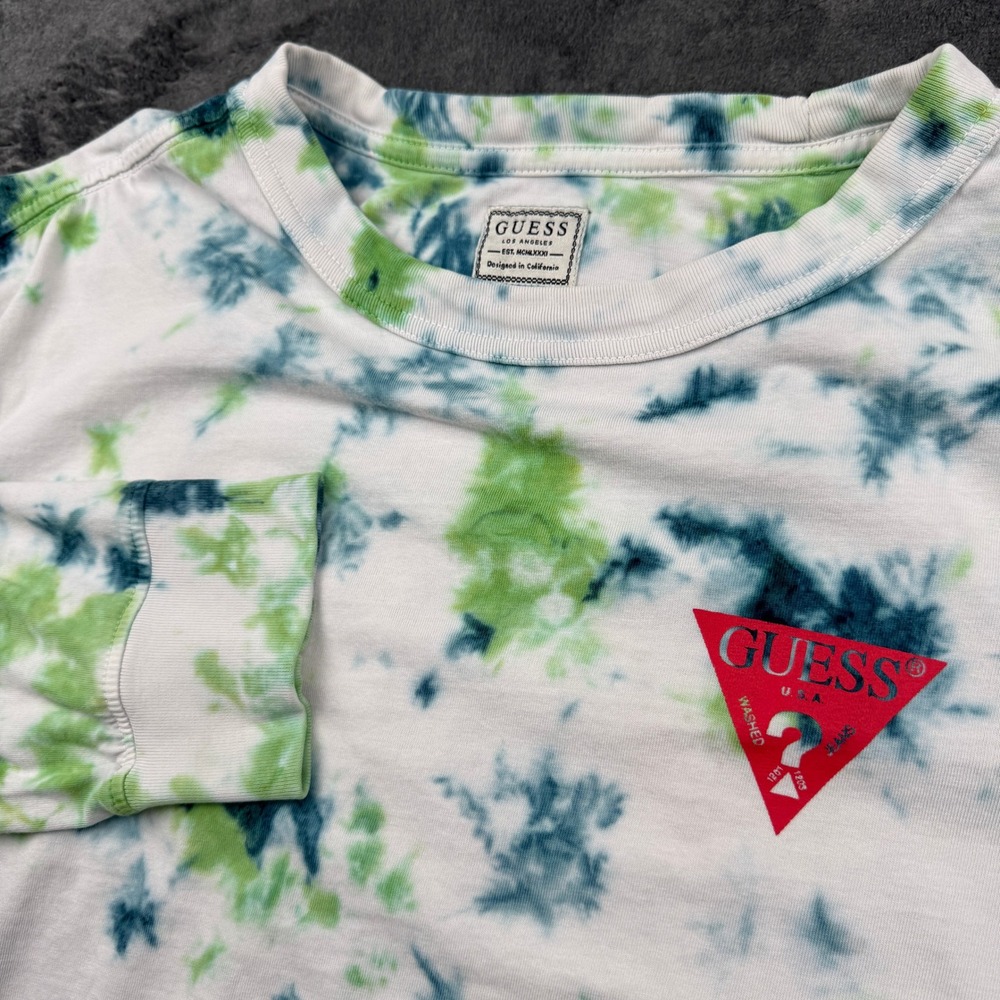 Guess Tie Dye Long Sleeve Shirt Mens Large Red Triangle Logo Distressed Good